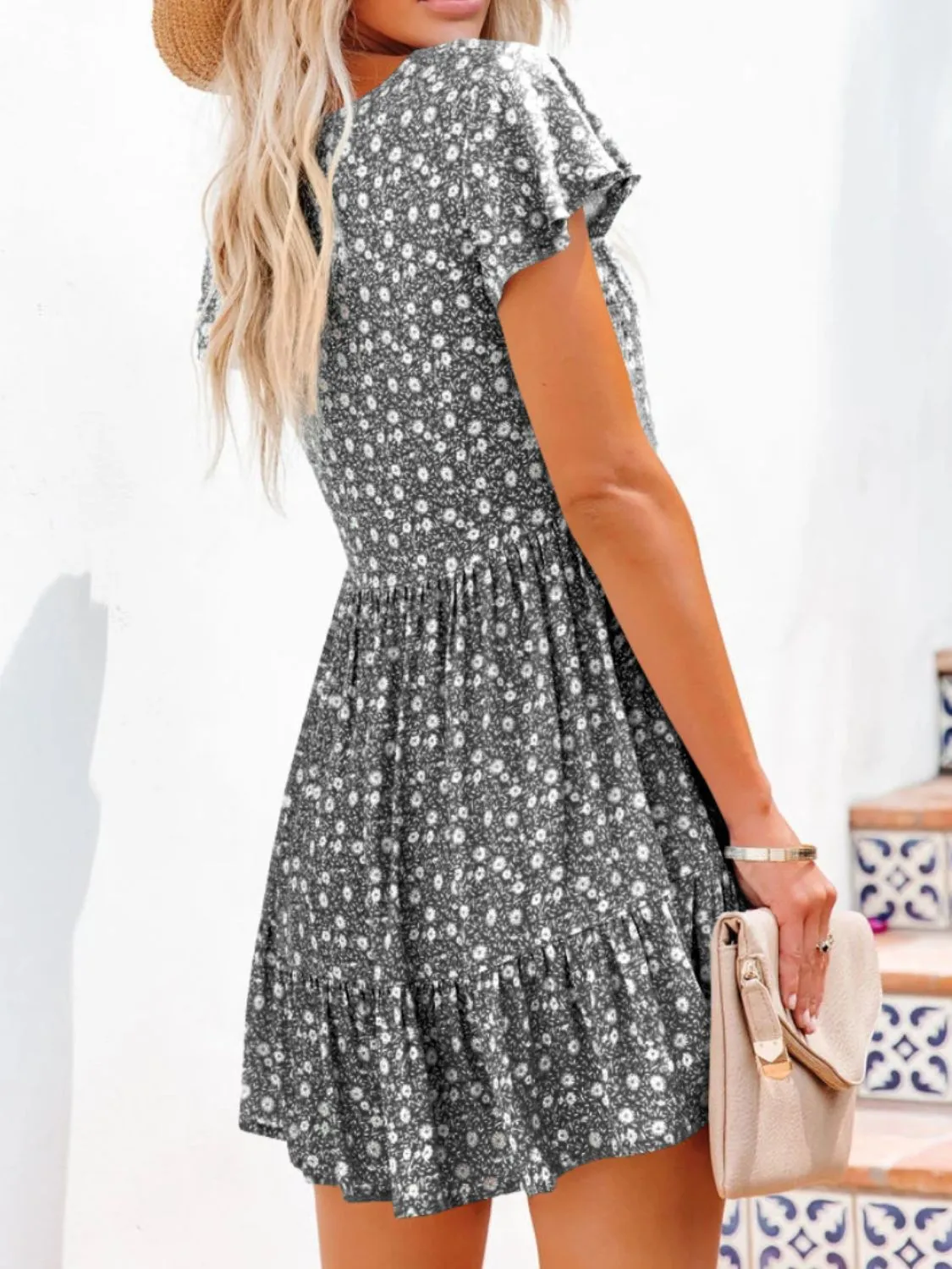 Floral V-Neck Flutter Sleeve Mini Dress