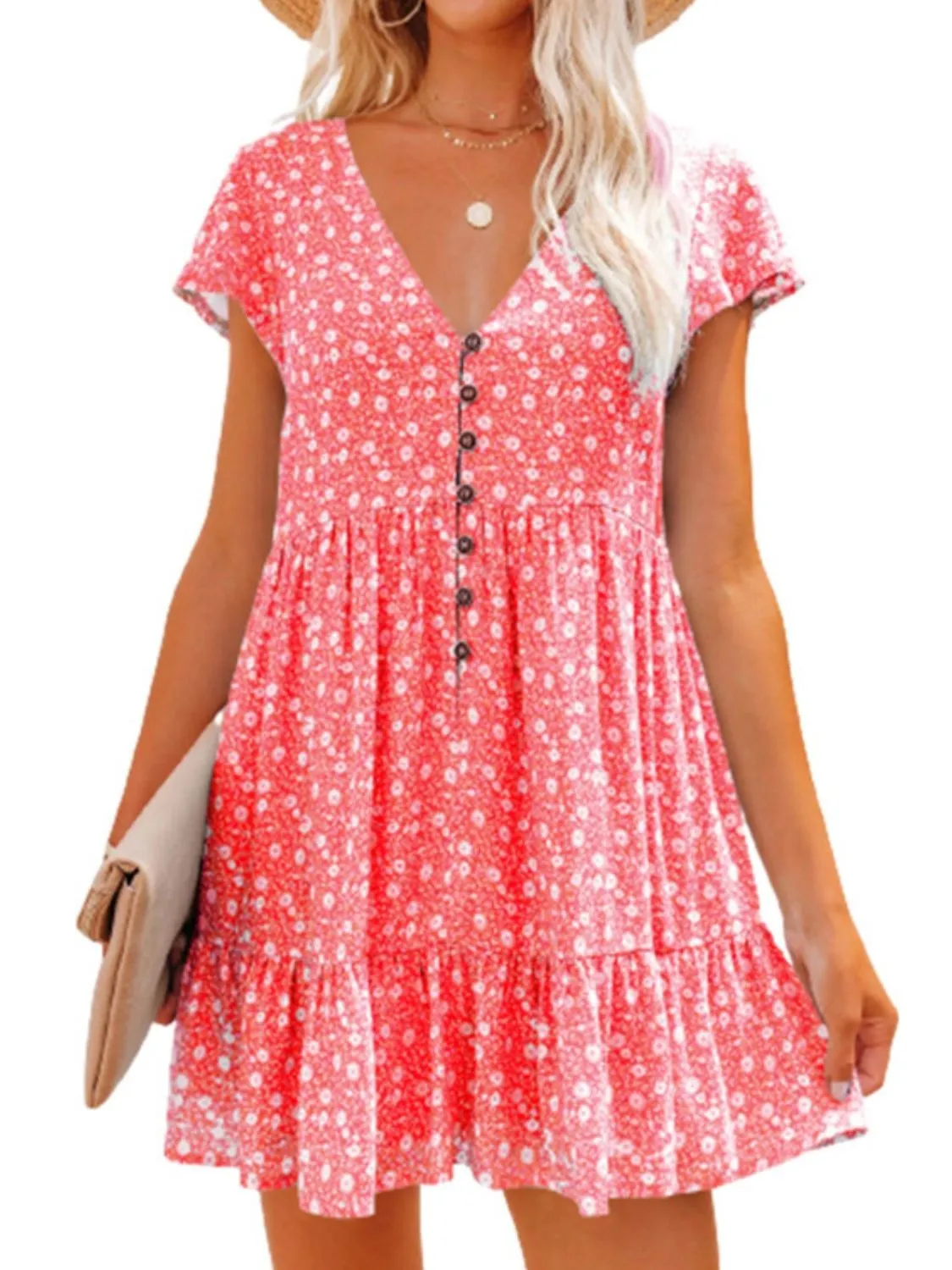Floral V-Neck Flutter Sleeve Mini Dress