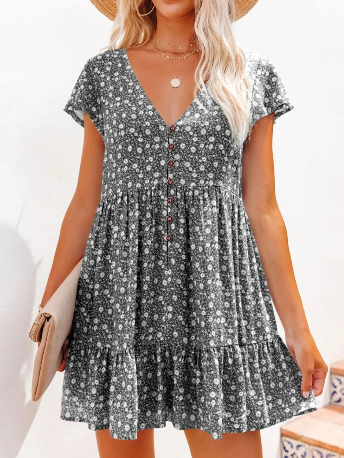 Floral V-Neck Flutter Sleeve Mini Dress