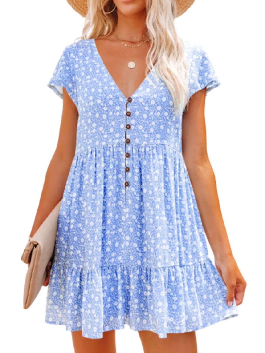 Floral V-Neck Flutter Sleeve Mini Dress