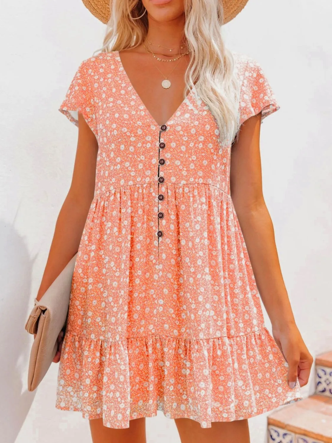 Floral V-Neck Flutter Sleeve Mini Dress