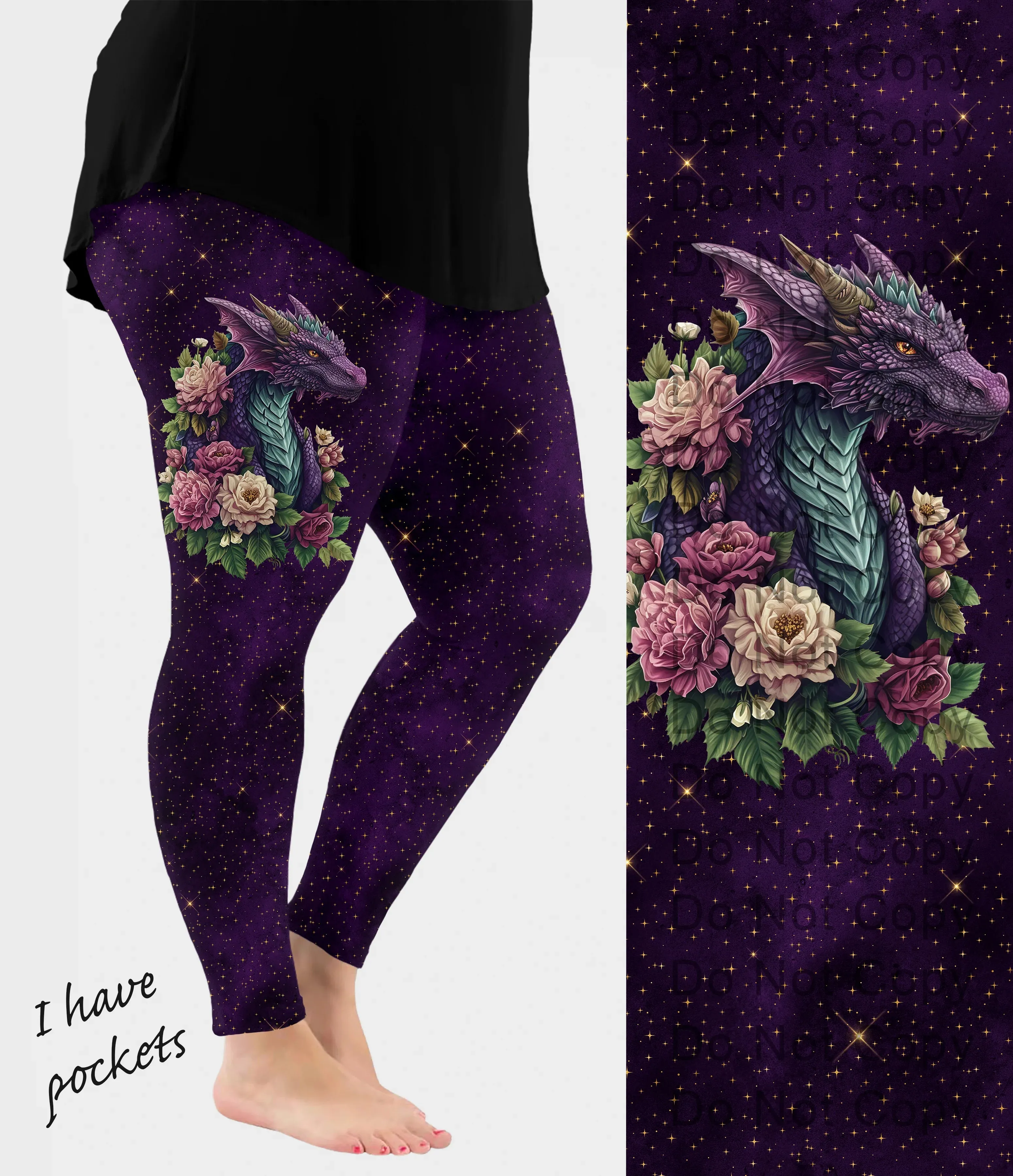 Purple Leggings with Elegant Dragon with with Pockets